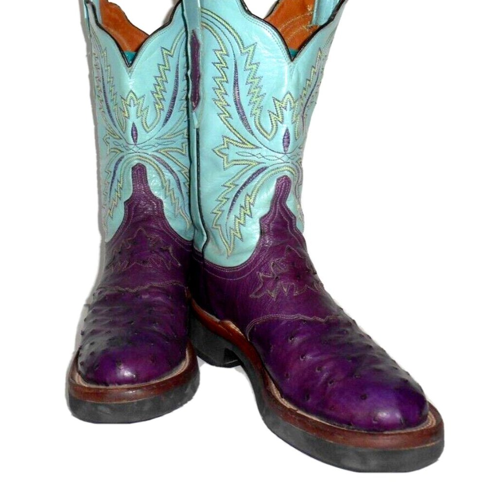 Lucchese 2000 Purple & Aqua Full Quill Ostrich Crepe Sole Boots Size 7 B